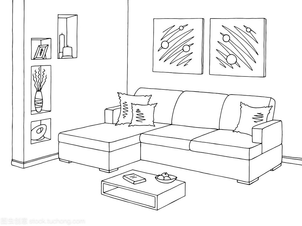 客厅图 黑白色沙发与家用电器的素描插画矢量艺术